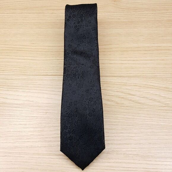 BAR III Mens Neck Tie Solid Black Floral Jacquard Skinny Textured Silk Blend - Picture 2 of 6